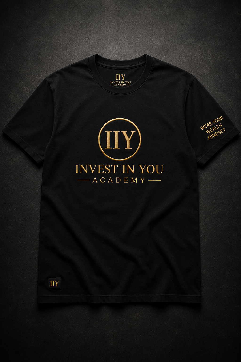 Invest In You Academy classic tee front — navy blue with gold logo