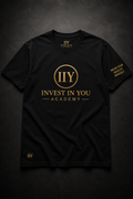 Invest In You Academy classic tee front — navy blue with gold logo