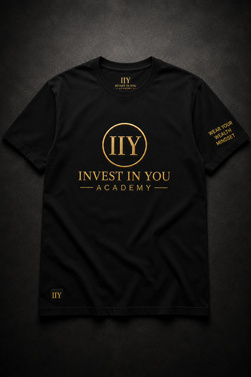 Invest In You Academy classic tee front — navy blue with gold logo