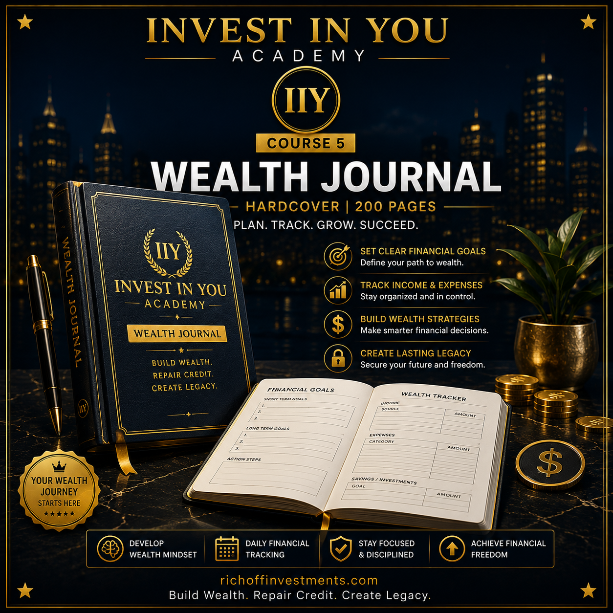 Invest In You Academy Wealth Journal — premium hardcover goal setting notebook