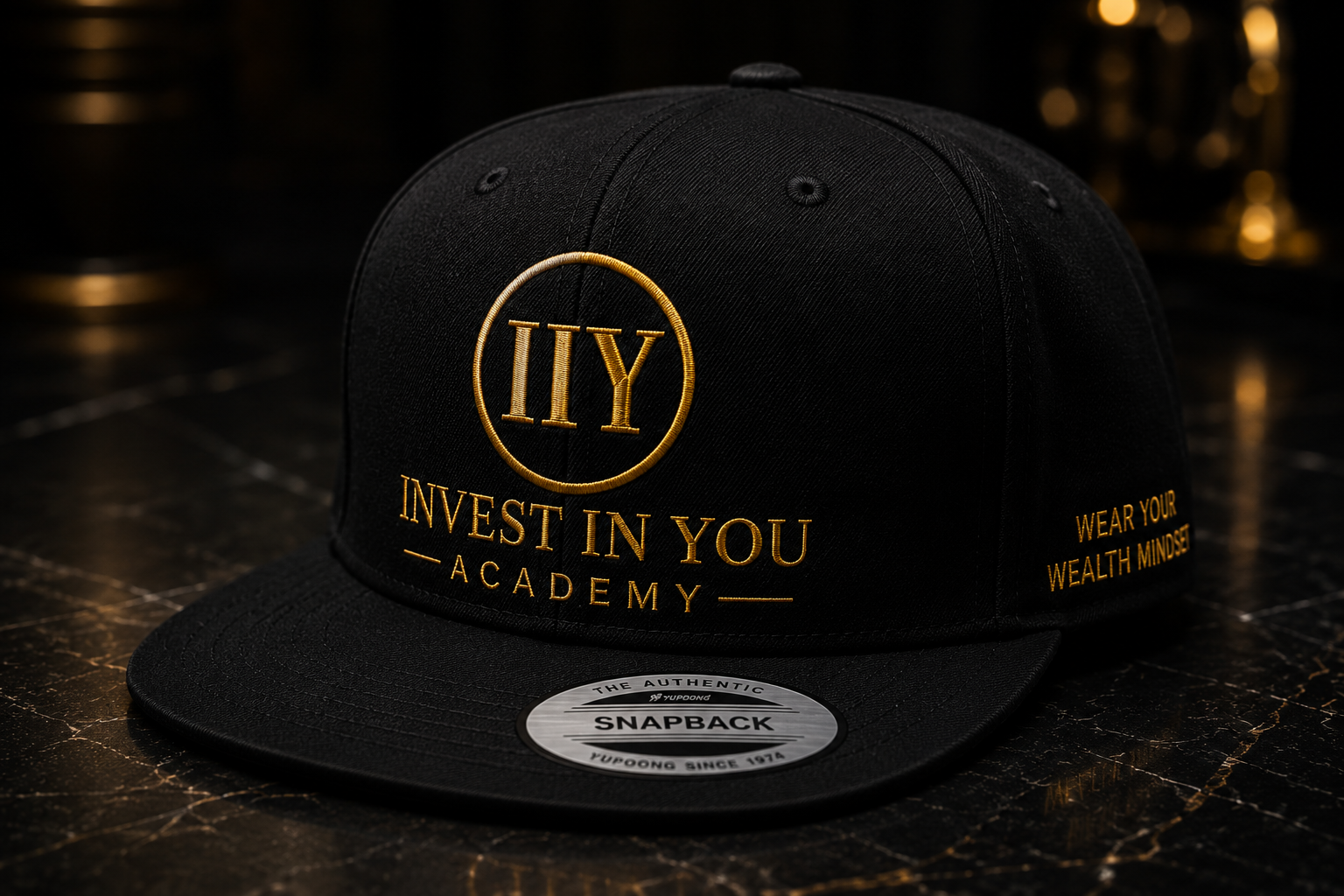 Invest In You Academy snapback hat side view — navy blue adjustable cap with gold logo