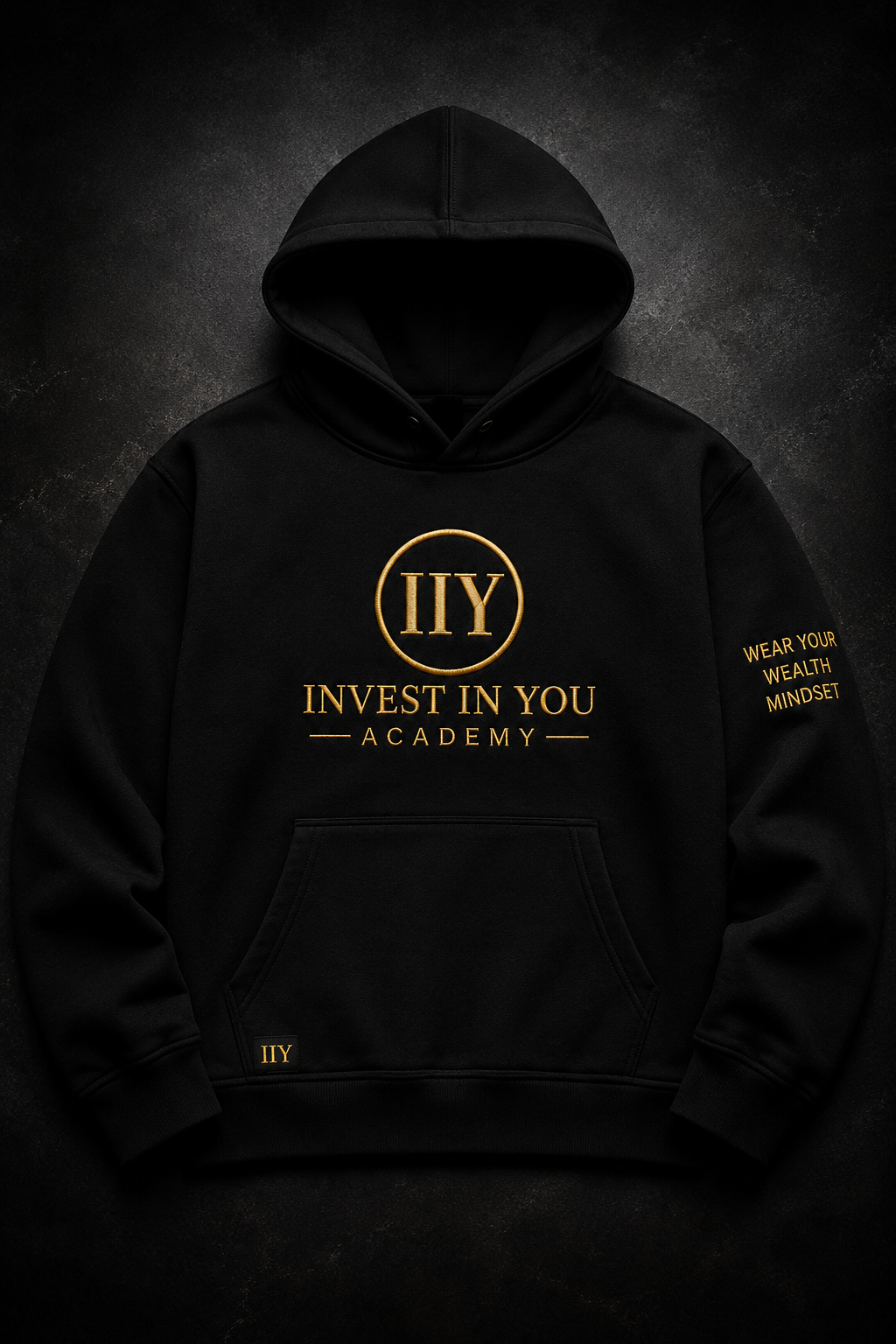 Invest In You Academy premium hoodie front — navy blue with gold embroidered logo