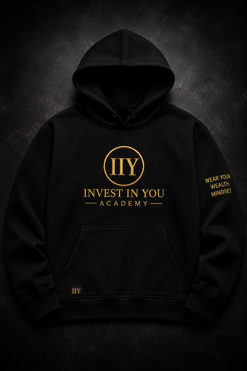 Invest In You Academy premium hoodie front — navy blue with gold embroidered logo
