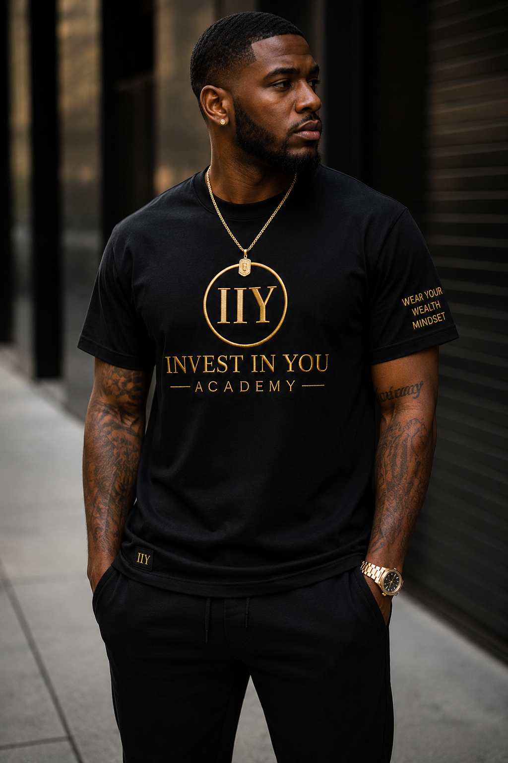 Invest In You Academy classic tee back — navy blue financial lifestyle apparel